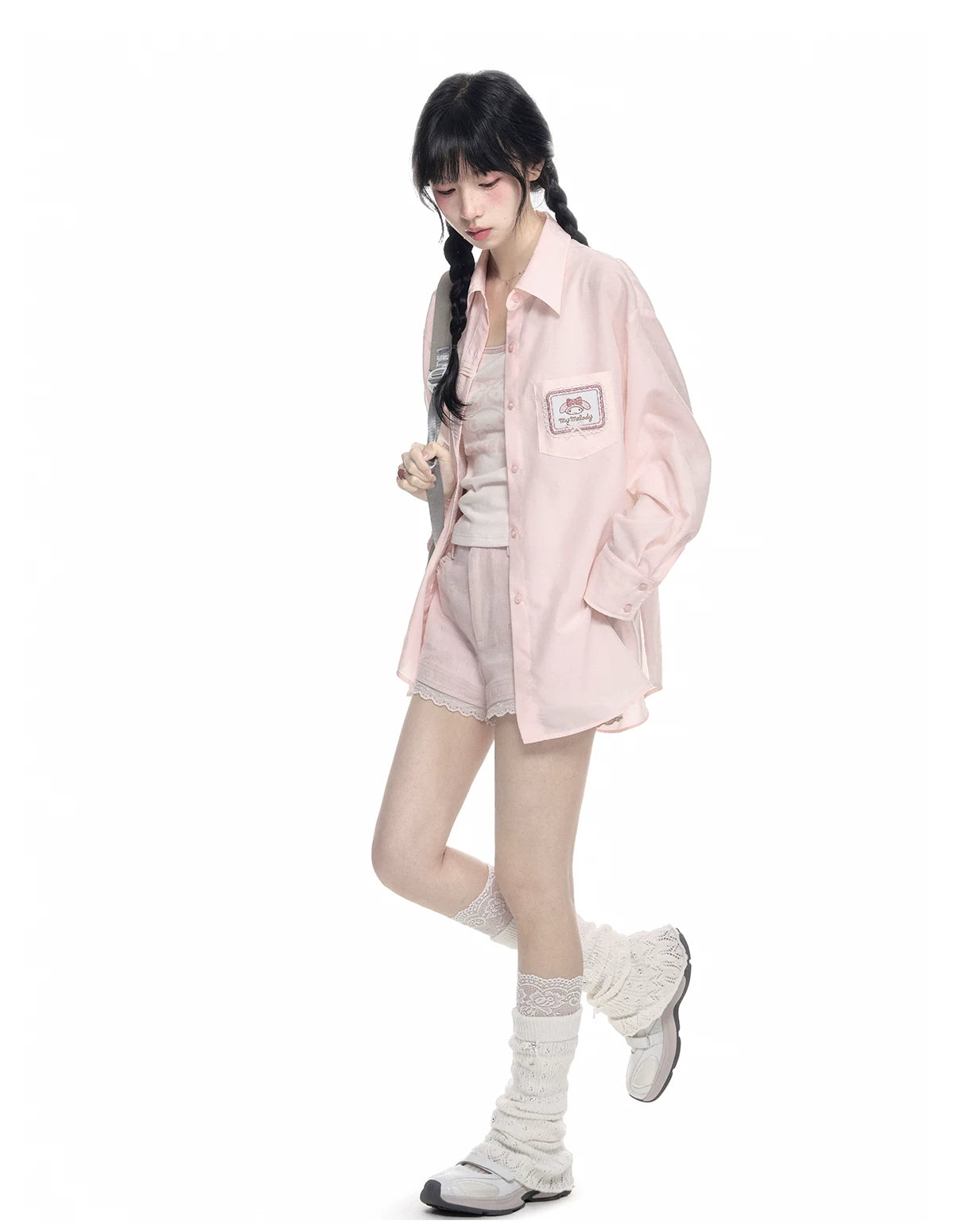 170726K "Campus Icons" Gray Purple Relaxed Polo Overshirt (Kuromi / My Melody / Cinnamoroll)
