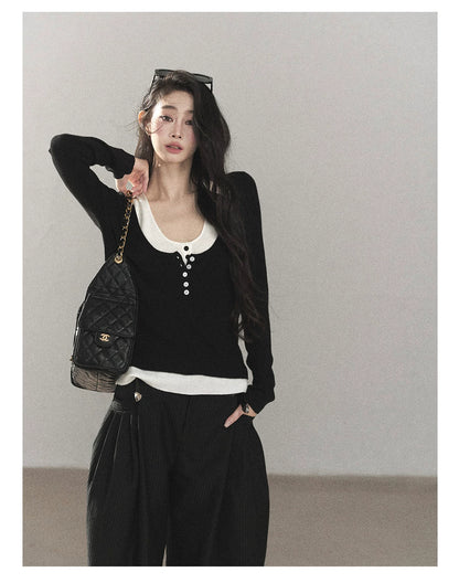 AOMALM - Korean U-Neck Faux Layered Knit Top