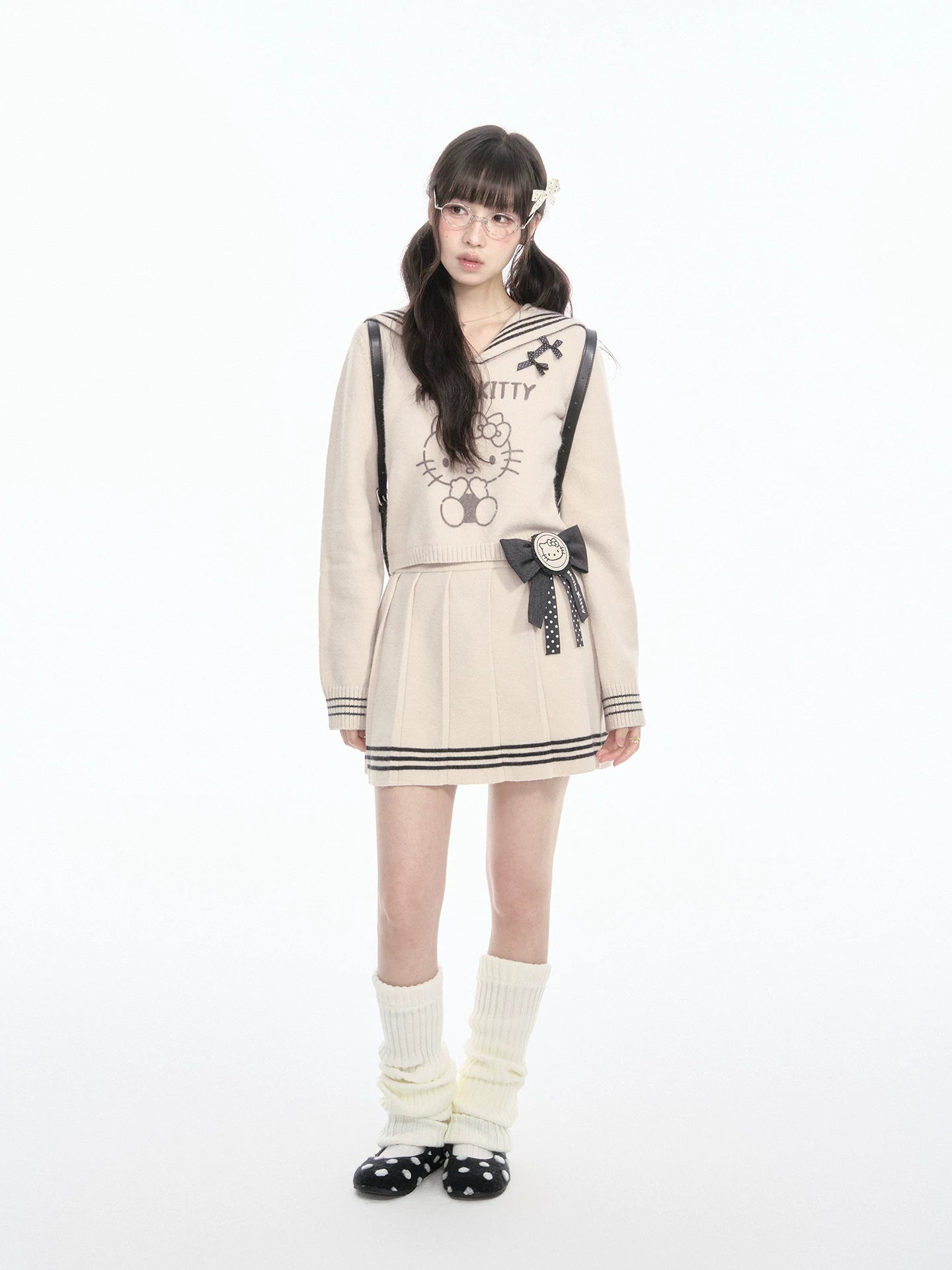 170726K "Kitty Harbor" Oat Beige Sailor Knit Set (Sailor Collar Knit Sweater + Pleated Knit Skirt)