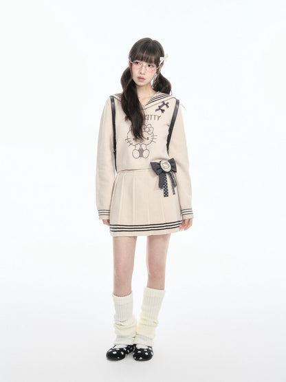 170726K "Kitty Harbor" Oat Beige Sailor Knit Set (Sailor Collar Knit Sweater + Pleated Knit Skirt)