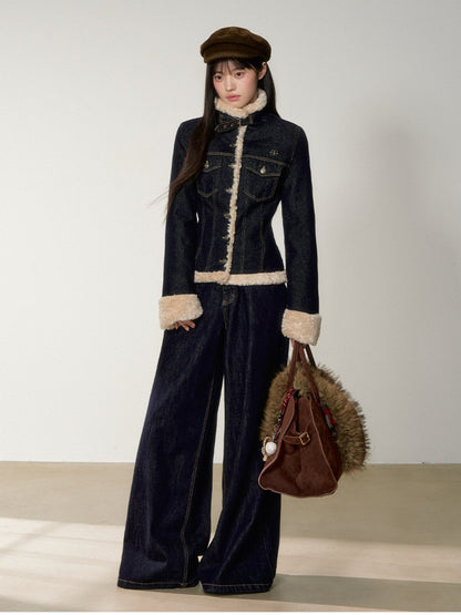 Soote Season - "Raw Denim Muse" Cinched Waist Fur-Trim Denim Down Jacket