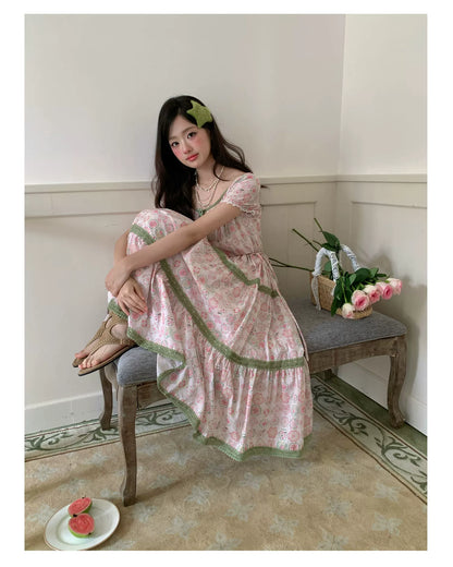 “Wildflower Green Grape” Pink Floral Tiered Dress
