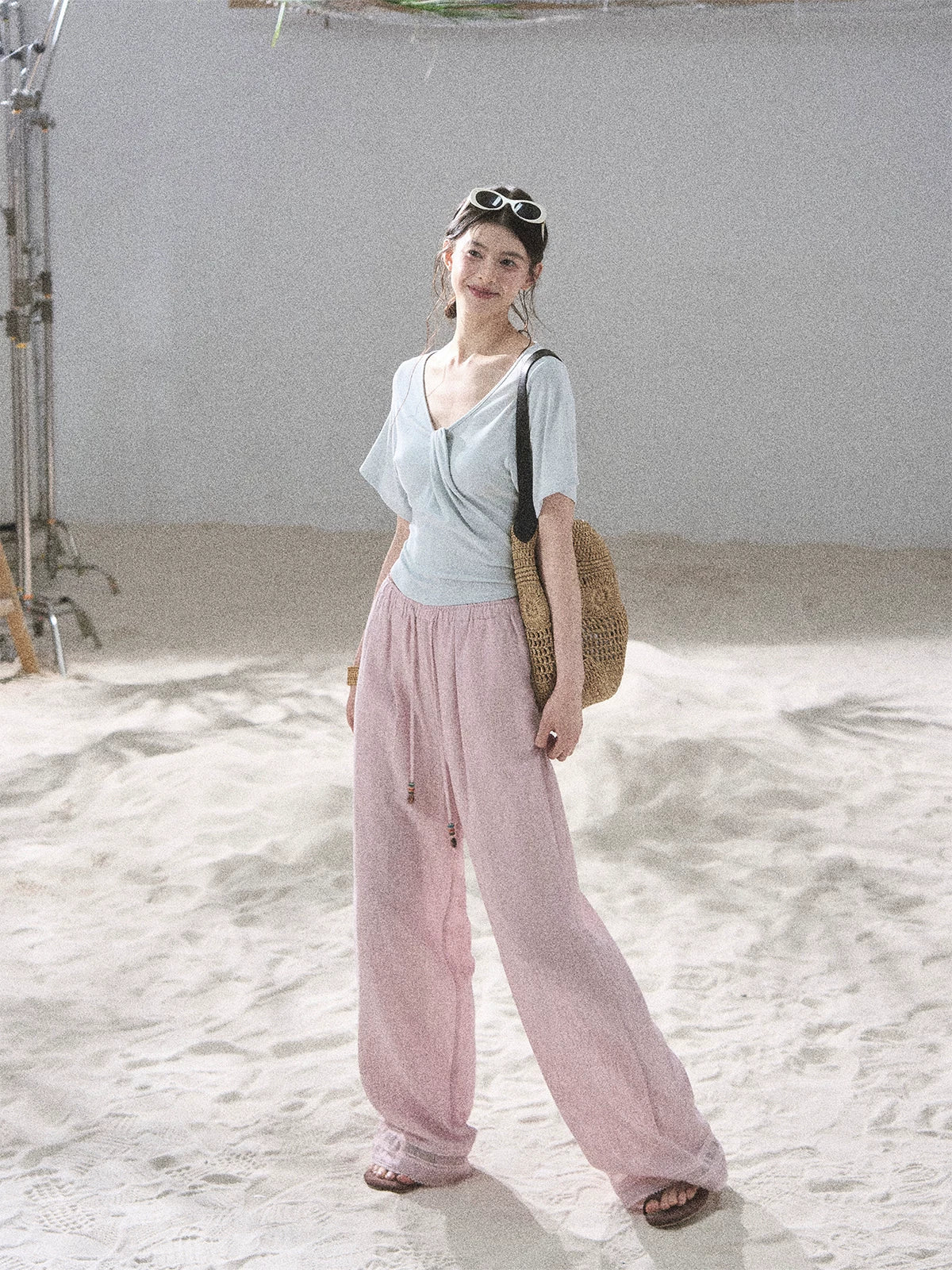 "Moonlight on Water" Twist-Front Cropped T-Shirt (Silver Mink Gray/ Mist Blue)