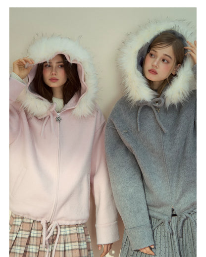 SunsetPark - "Warm Winter Days" Faux Fur Collar Wool-Blend Top Coat (Gray / Pink)