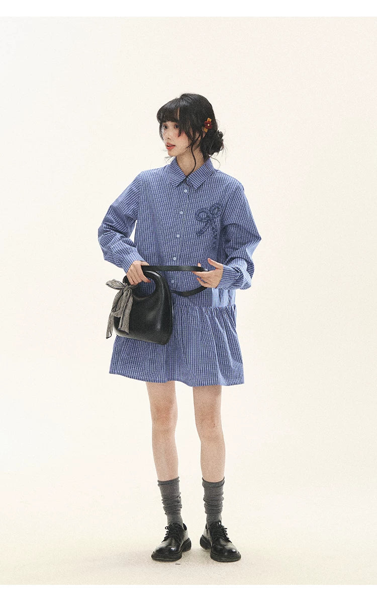 "Holiday Blues" Blue Plaid Bow Shirt Mini Dress
