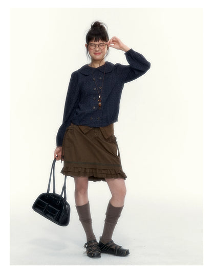 “Wild Caramel” Brown Washed Layered Ruffle Bow Pocket A-Line Skirt
