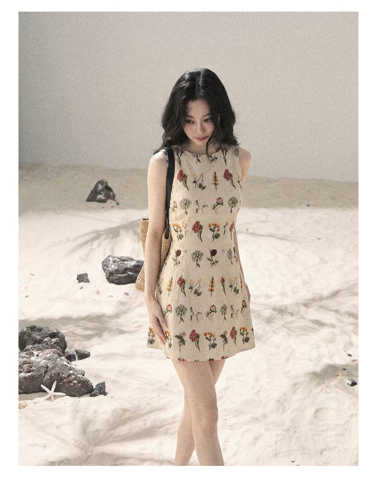 "Wildflower Daydream" Dutch Cream Embroidered Mini Dress - Sleeveless 45684