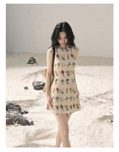 "Wildflower Daydream" Dutch Cream Embroidered Mini Dress - Sleeveless 45684