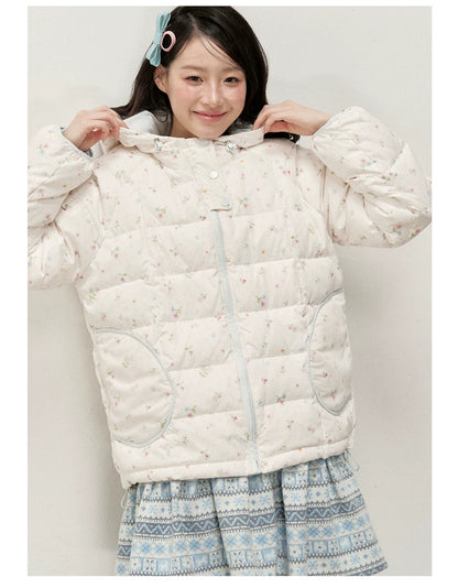 RF - Ivory Floral Print Cropped Hooded Down Jacket with Contrast Lining