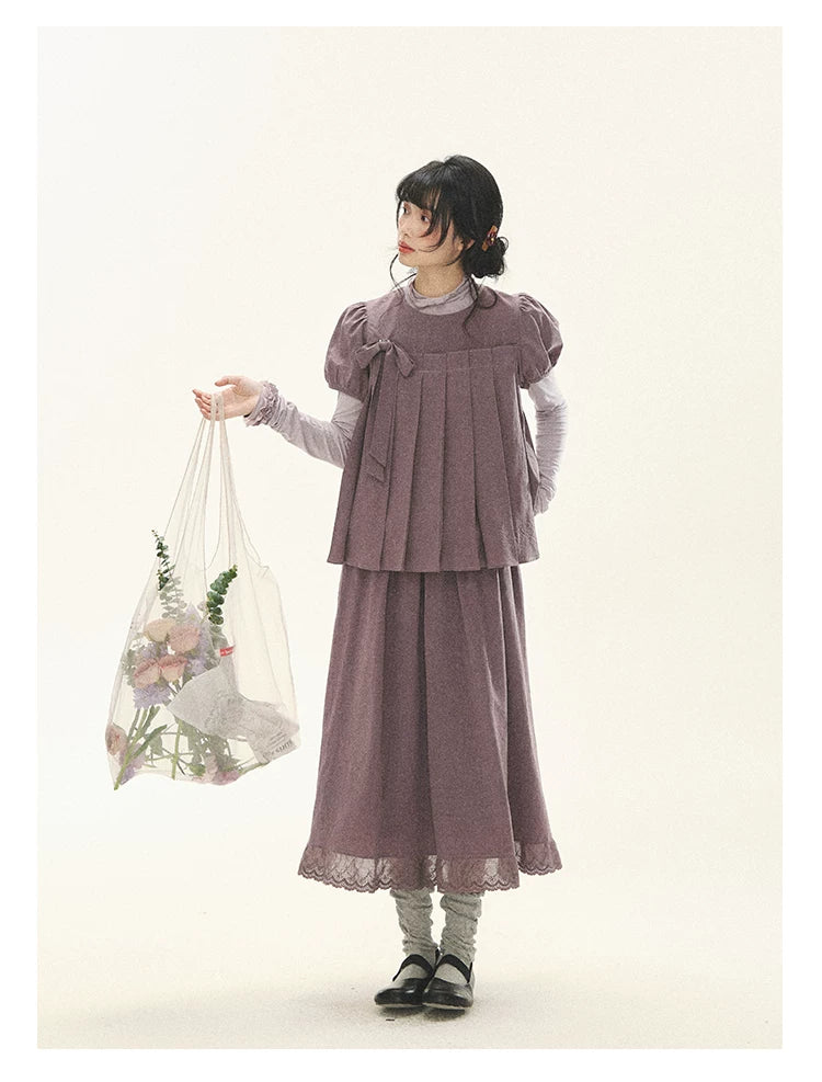 "Whispers Between Pleats" Gray Grape Purple Pleated Top & Maxi Skirt Set