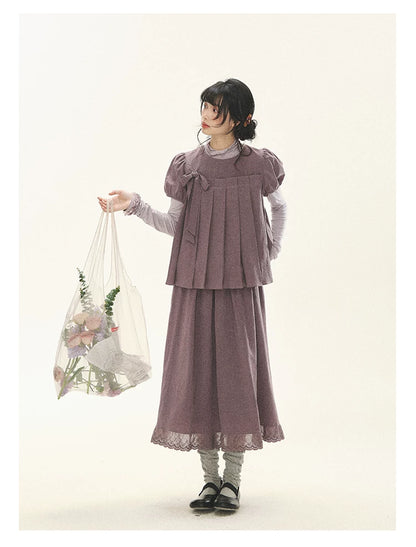 "Whispers Between Pleats" Gray Grape Purple Pleated Top & Maxi Skirt Set