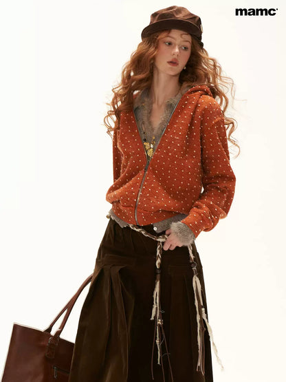 MAMC - Orange Polka Dot Textured Zip-Up Hooded Knit Cardigan