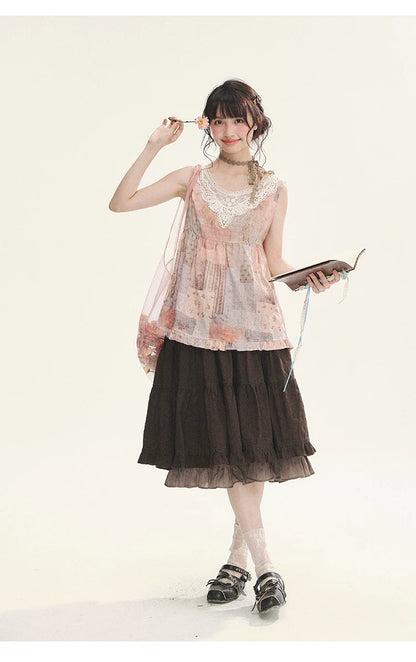 "Fragments of Time" Pink Brown Patchwork Lace Ruffle Trim Sleeveless Top