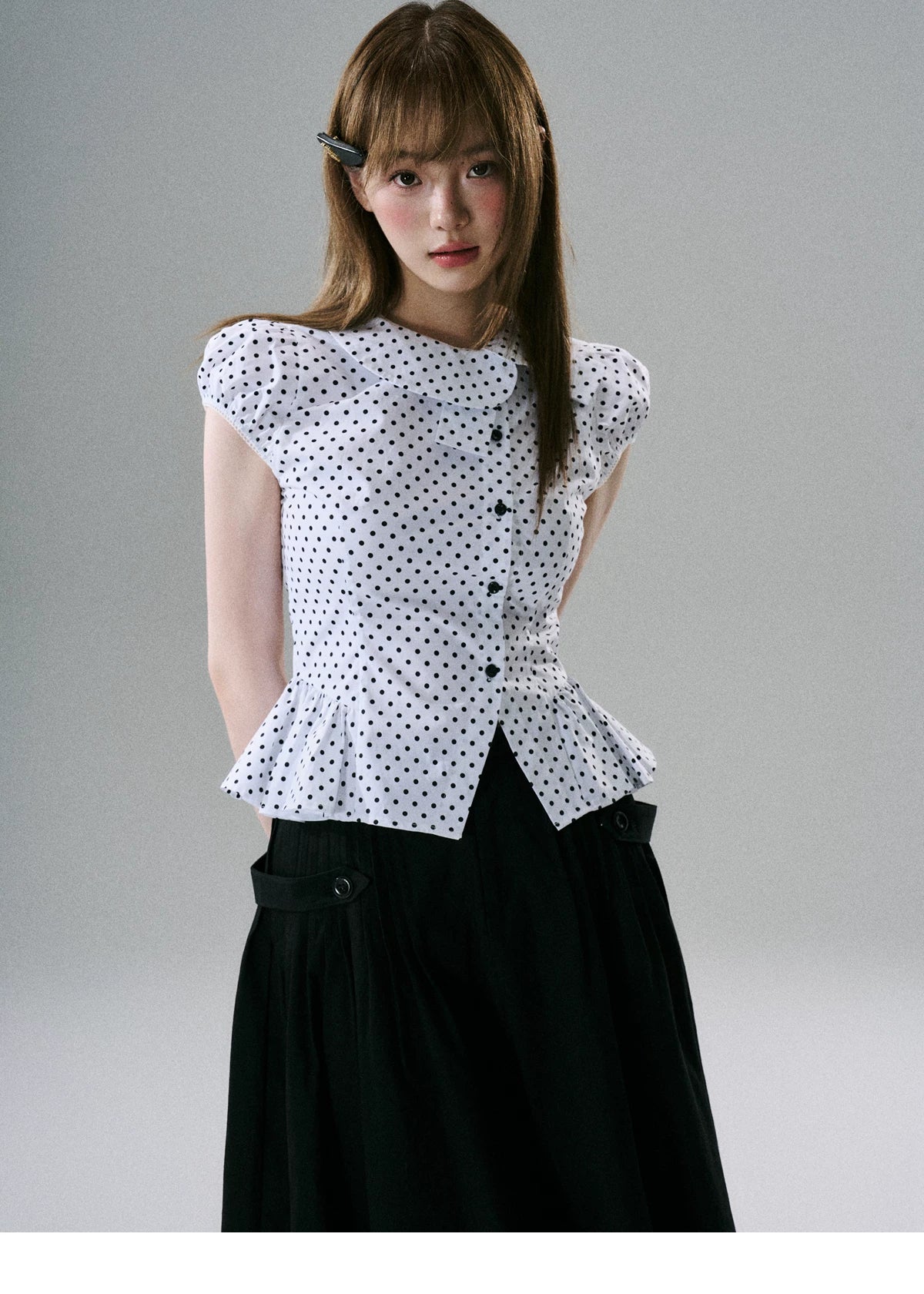 LOST FOREST - White & Black Polka Dot Asymmetrical Cotton Blouse