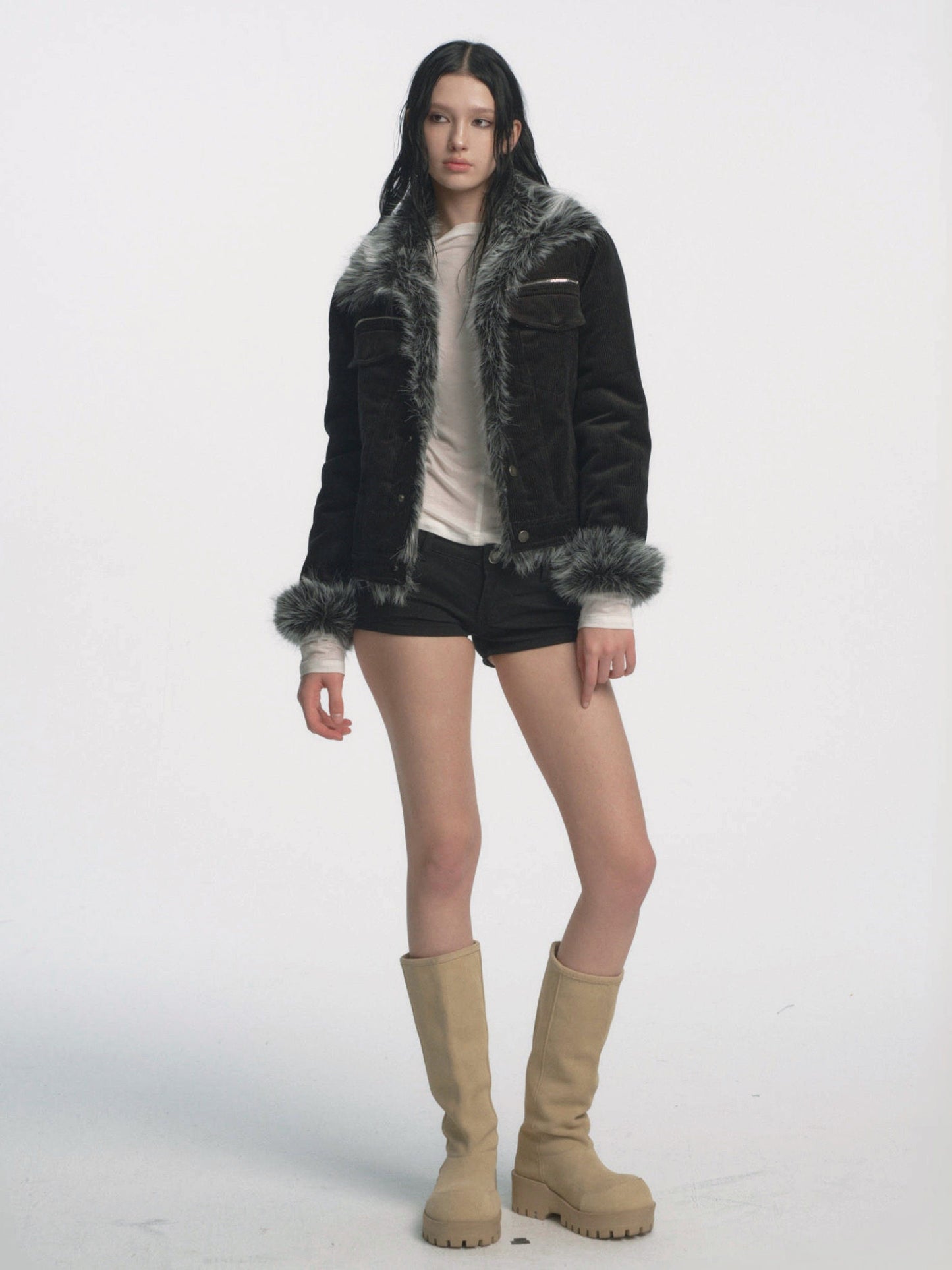 Muirgen - Black Retro Y2K Corduroy Faux Fur Cropped Jacket