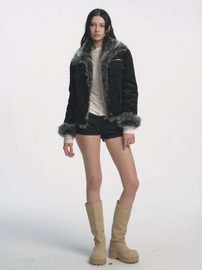 Muirgen - Black Retro Y2K Corduroy Faux Fur Cropped Jacket