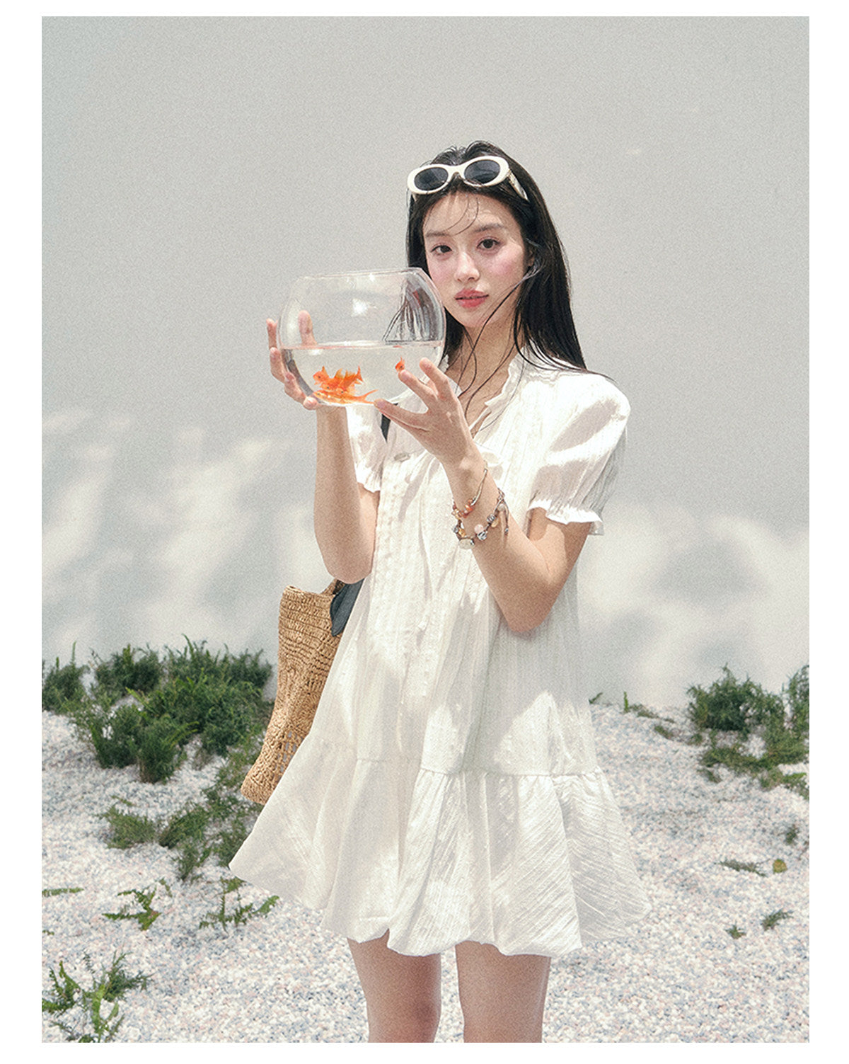 “Soft Pleats in Motion” Camellia White Bubble Mini Dress