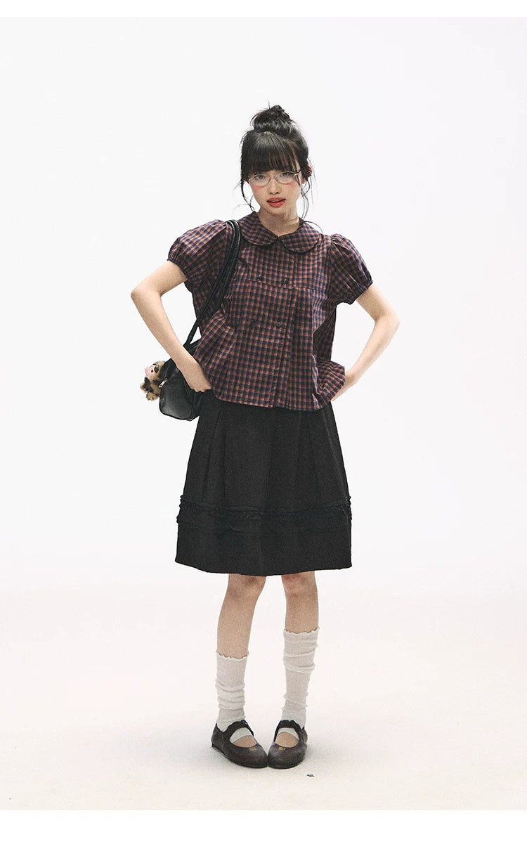"Retro Plaid Sweetheart" Navy Orange Check Cotton Peter Pan Collar Blouse