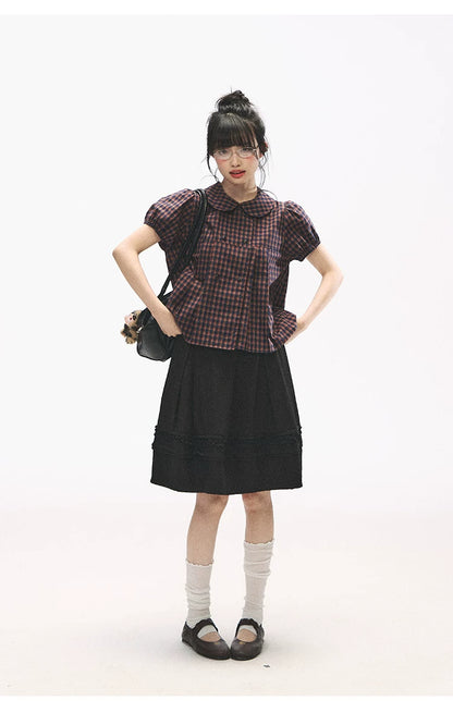 "Retro Plaid Sweetheart" Navy Orange Check Cotton Peter Pan Collar Blouse