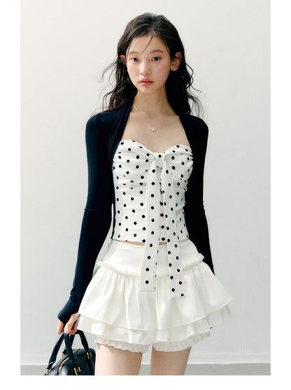 ANNATTO - Polka Dot Lyocell Faux Two-Piece Long Sleeve Top & White Skirt Set