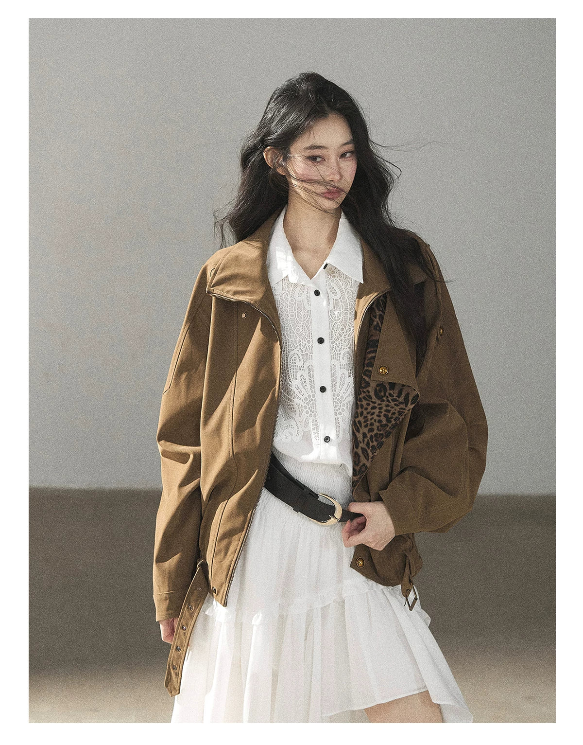 AOMALM - “Acorn & Fallen Leaves” Korean Leopard Print Chestnut Brown Faux Suede Jacket
