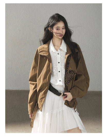 AOMALM - “Acorn & Fallen Leaves” Korean Leopard Print Chestnut Brown Faux Suede Jacket