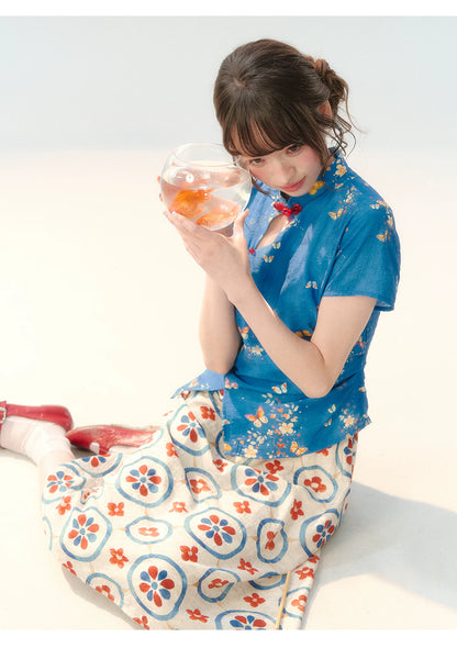 "Garden Letter" Blue Floral New Chinese Two-Piece Skirt Set