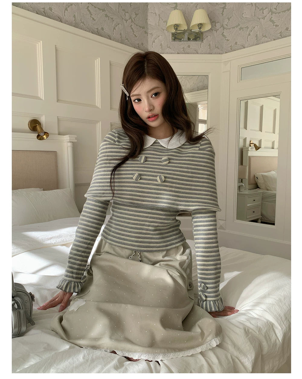 “Misty Sonata” Grey Layered Stripe Knit Top