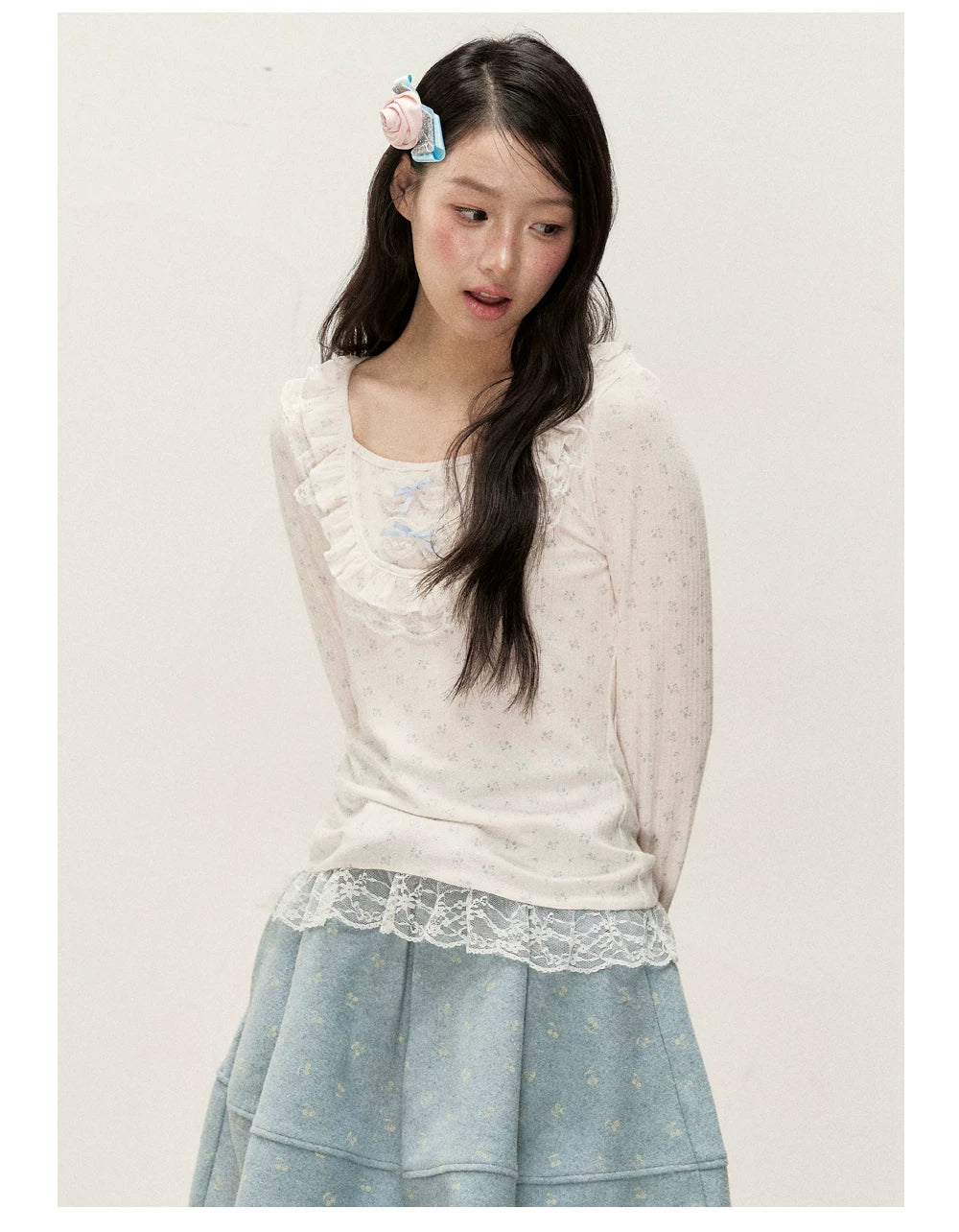 [RF] Cream Floral Peter Pan Collar Long-Sleeve Fitted Layering Top with Lace Details