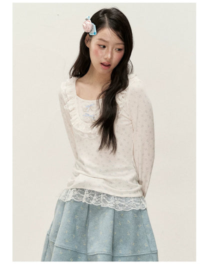 [RF] Cream Floral Peter Pan Collar Long-Sleeve Fitted Layering Top with Lace Details