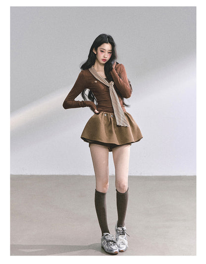 少也眼 "High-Mind Lady" American-Style Tee with Striped Neck Tie - Coffee 145846315