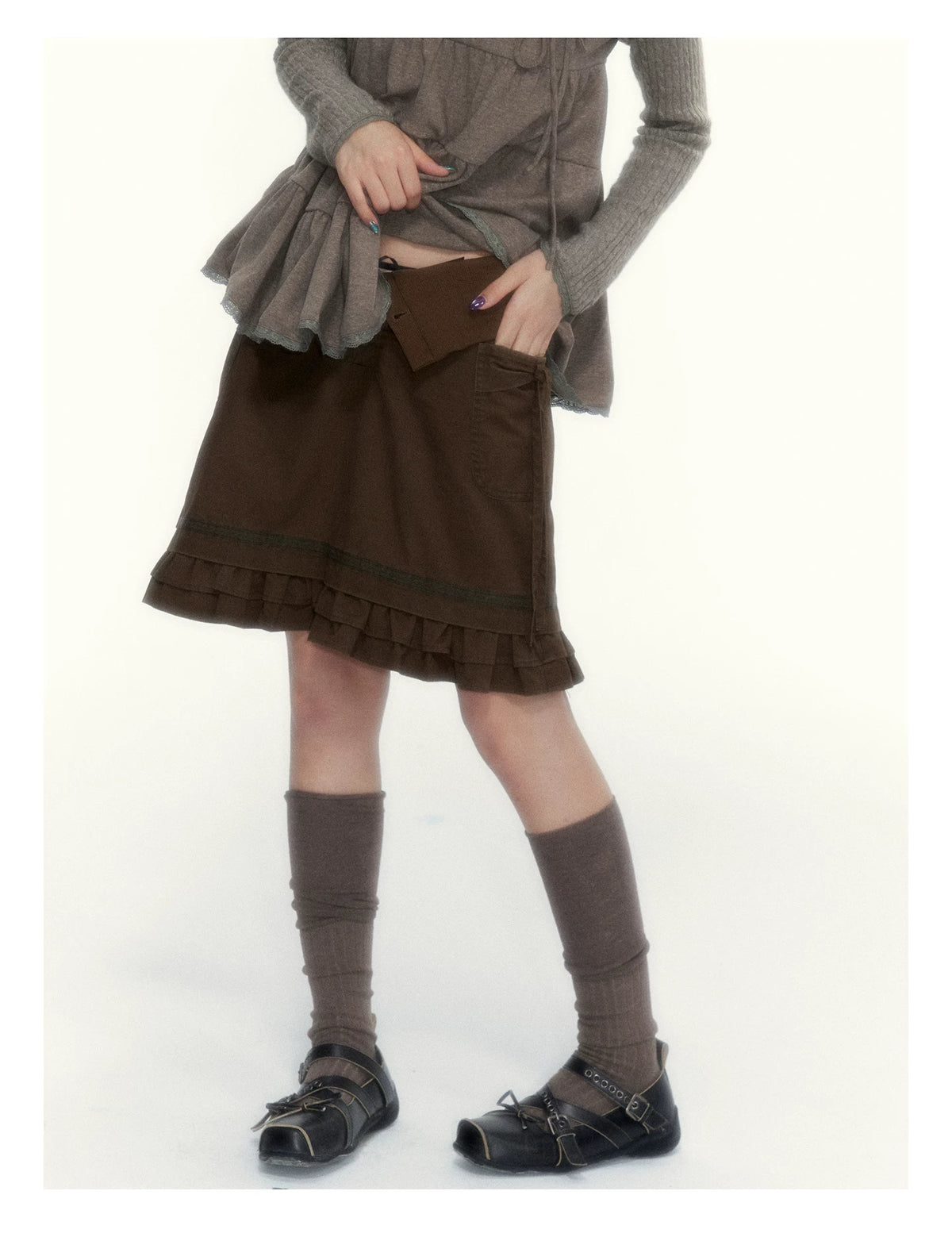 “Wild Caramel” Brown Washed Layered Ruffle Bow Pocket A-Line Skirt