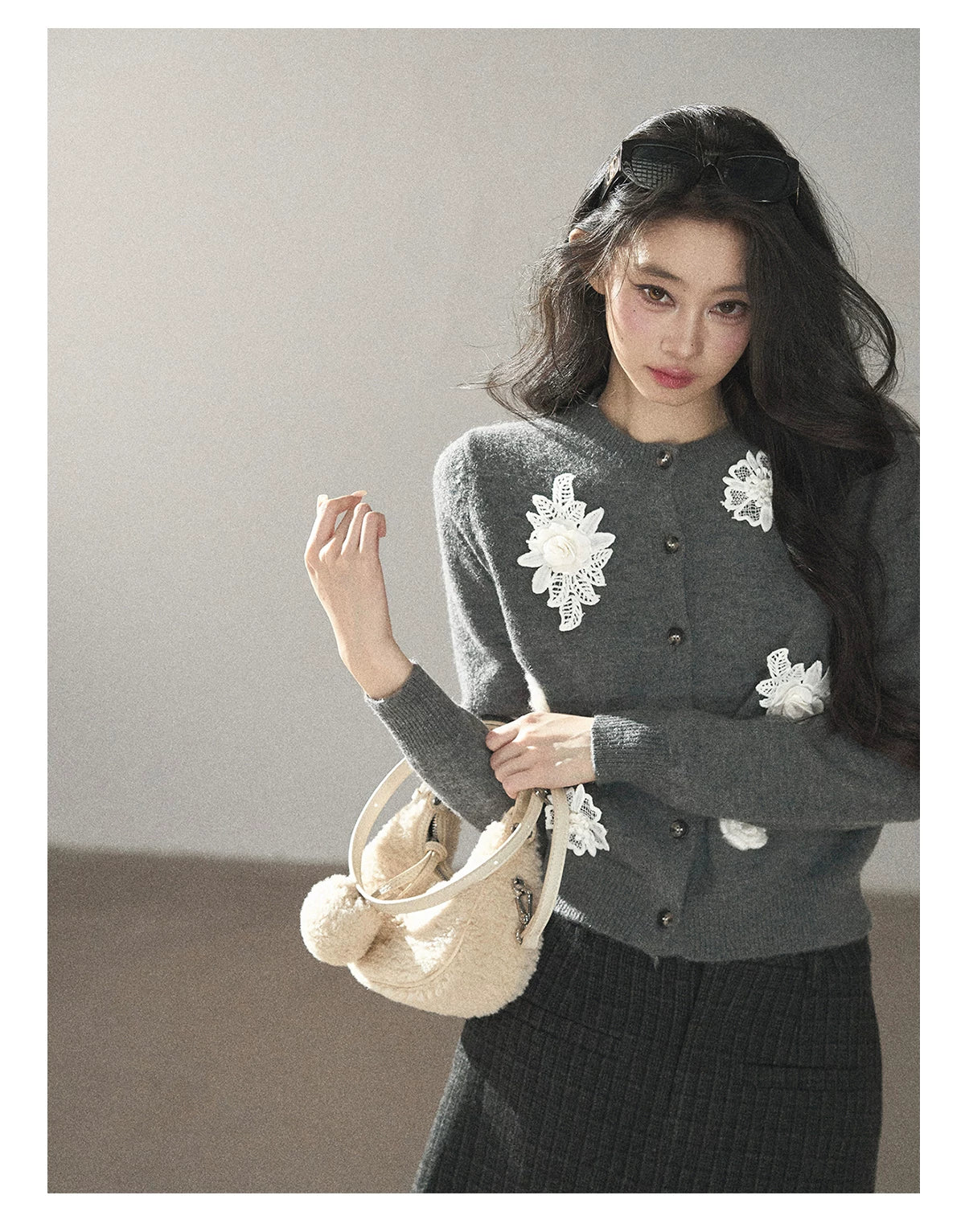 AOMALM - Paris Gray 3D Flower Knit Cardigan