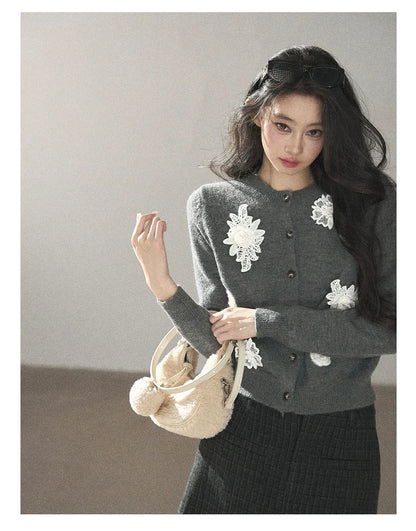 AOMALM - Paris Gray 3D Flower Knit Cardigan