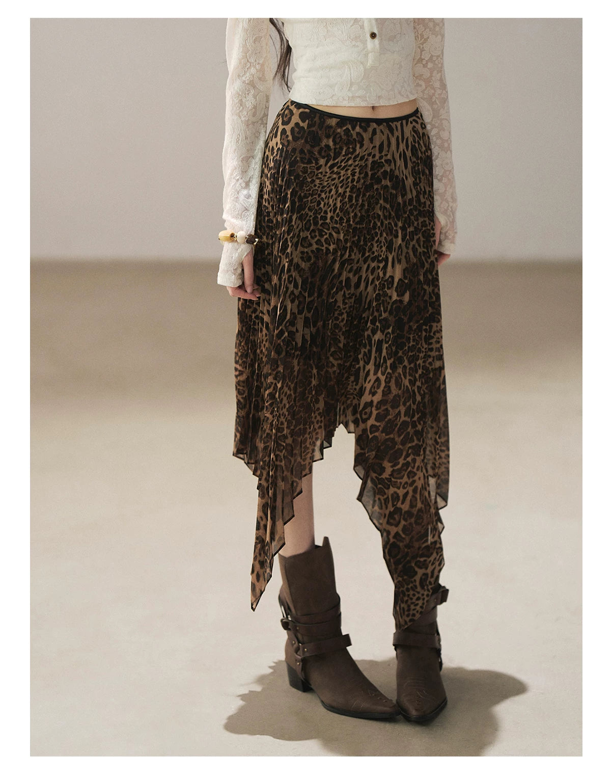 AOMALM - “Cocoa Leopard” Pleated Asymmetric Midi Skirt