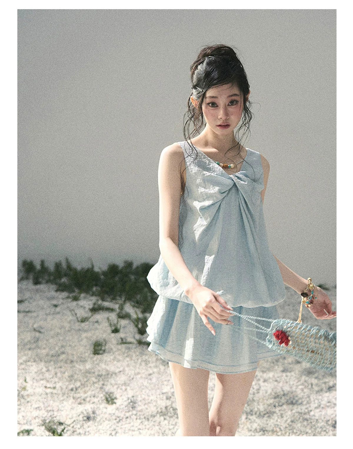 “Whispering Grass” Moonlight Blue Twist Mini Dress