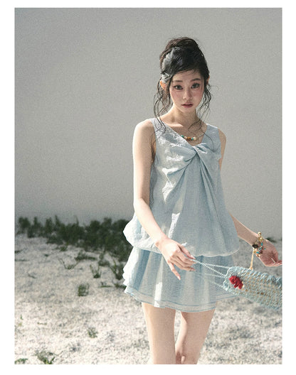 “Whispering Grass” Moonlight Blue Twist Mini Dress