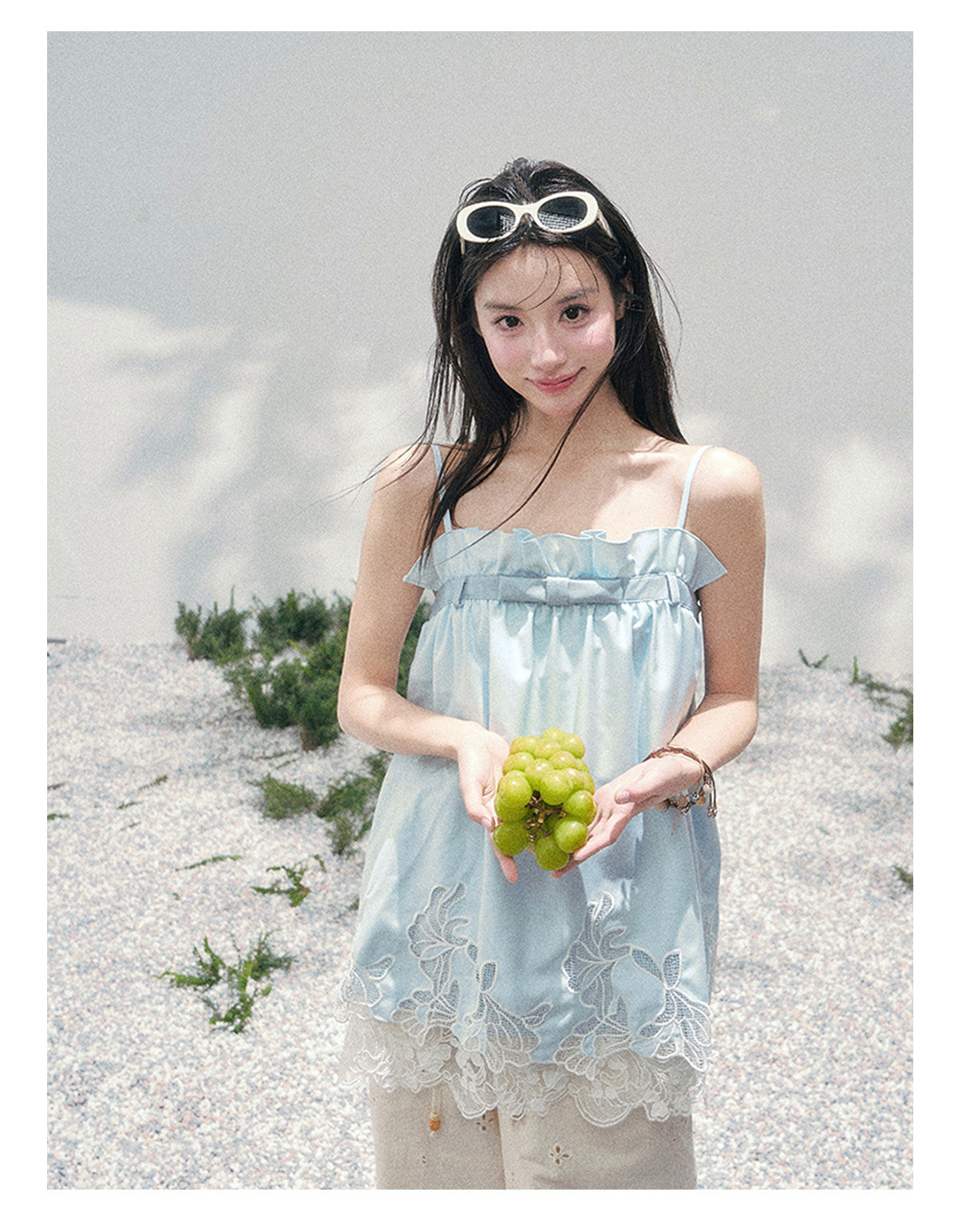 “Bouquet Summer” Glacier Blue Lace Babydoll Top
