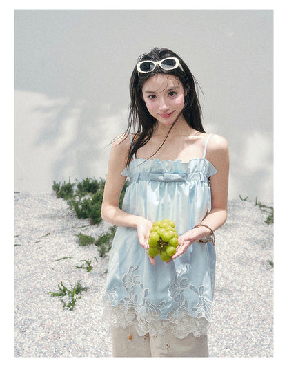 “Bouquet Summer” Glacier Blue Lace Babydoll Top