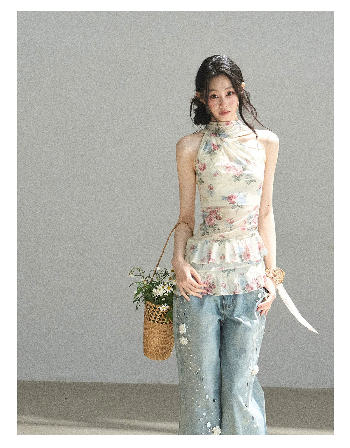 "Flowers & Sunlight" Dutch Cream Off-Shoulder Mesh Top