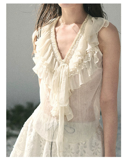 “Moonlight Through Sheer Veils” Ivory Ruffle Chiffon Blouse