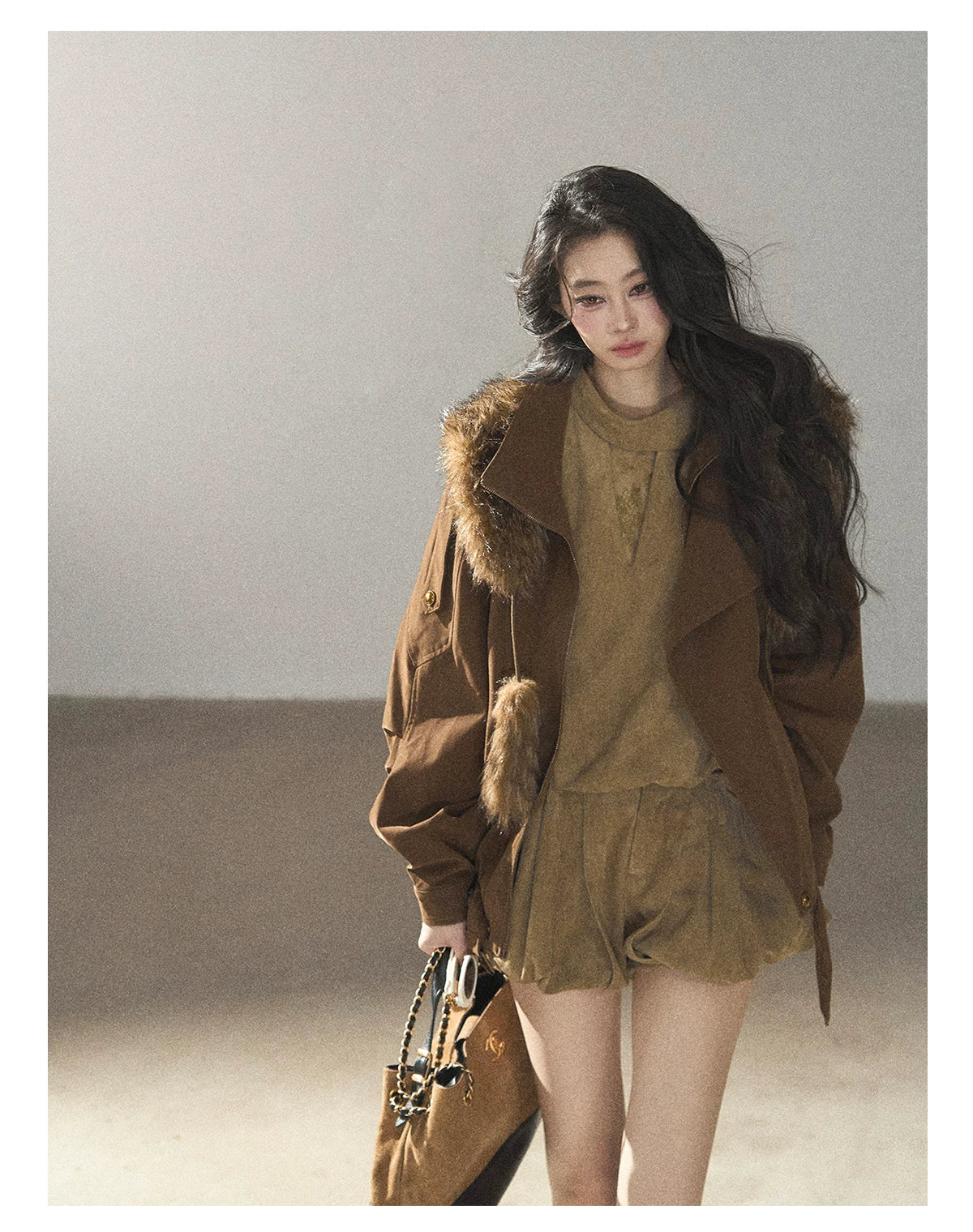 AOMALM - "The Veins of Leaves" Oatmeal French Faux Suede Top & Shorts Set