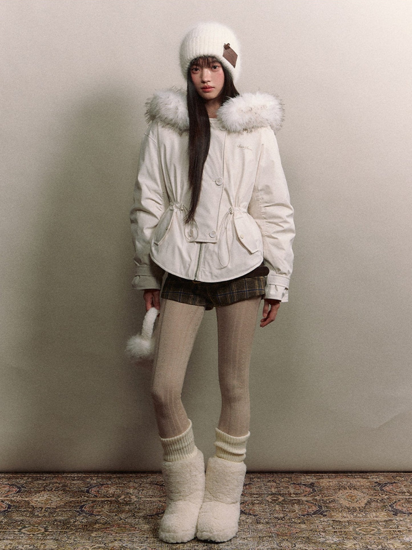 Soote Season - “Cloud Waistline” Cloud Mist White Faux Fur Collar Cinched Puffer Parka