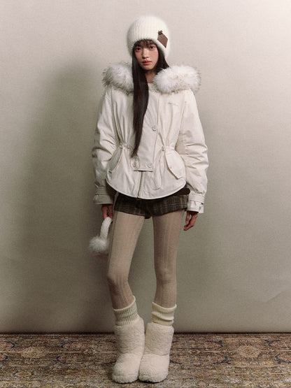 Soote Season - “Cloud Waistline” Cloud Mist White Faux Fur Collar Cinched Puffer Parka