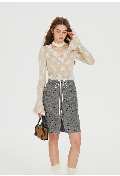 French Lace V-neck Knitted Top