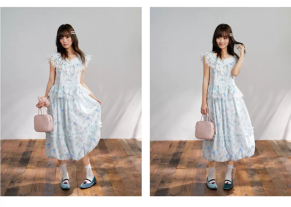 “Mint Blossom Isle” Blue Lace Trim Top & Bubble Hem Skirt
