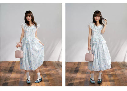 “Mint Blossom Isle” Blue Lace Trim Top & Bubble Hem Skirt