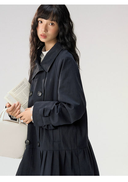 [CAN] "Azure Echoes" Navy Double-Breasted Bow Long Trench Coat