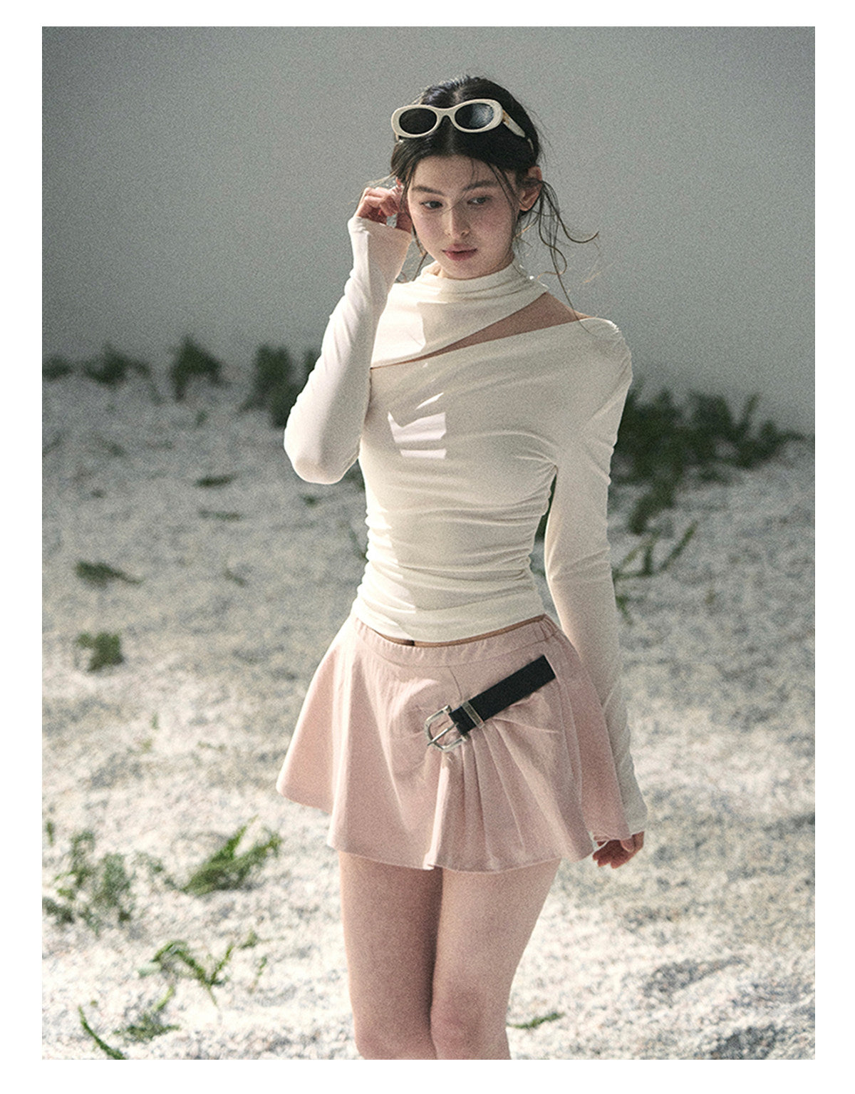 “Tidal Breath” Pearl White Draped Cutout Top