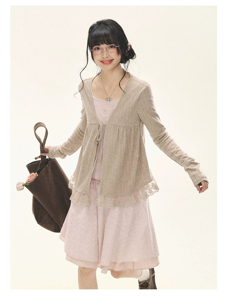 "Roasted Tea Heart" Milk Tea Faux-Layer Lace Cardigan & Skirt Set